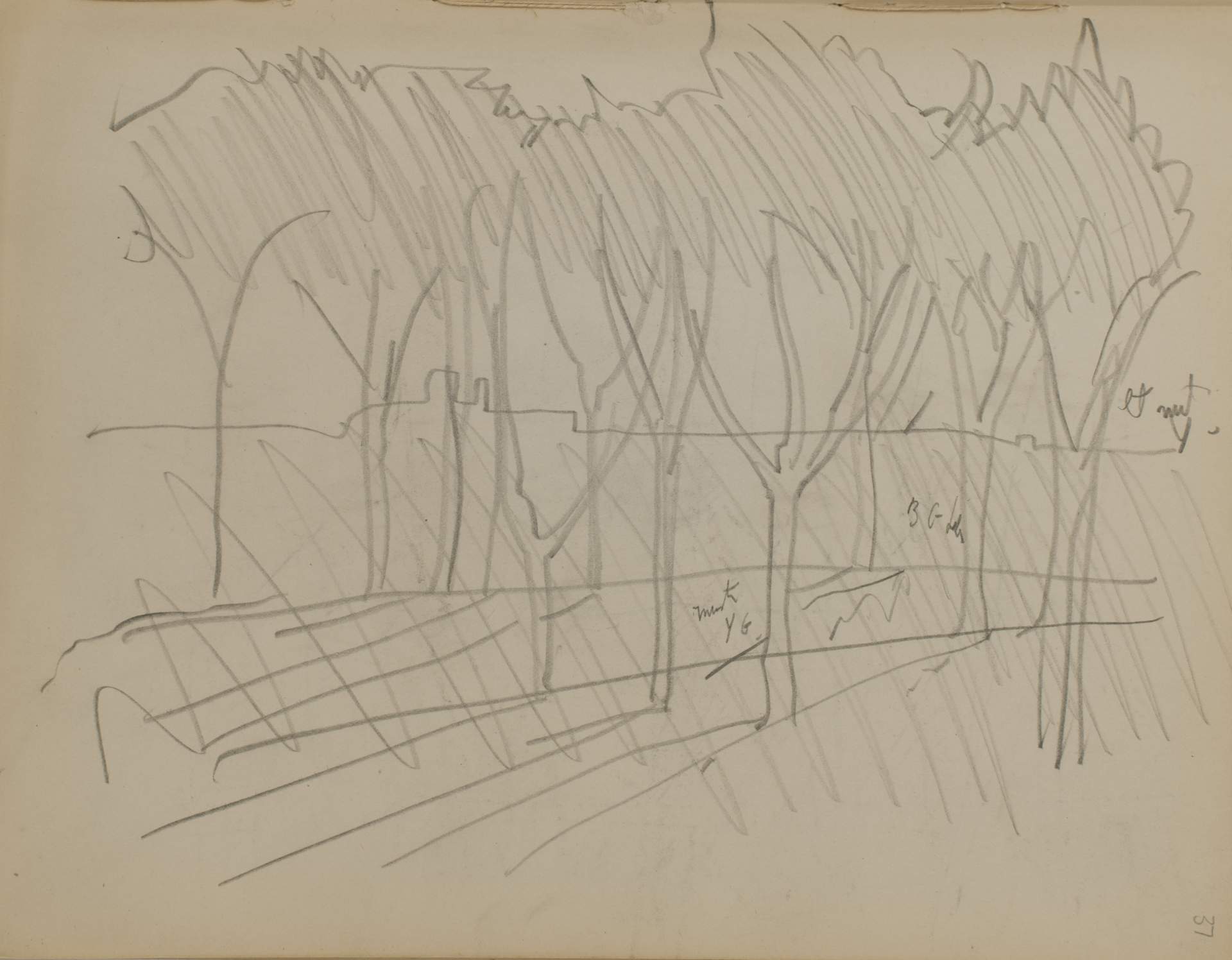 Untitled (landscape with trees, path, and city silhouette)