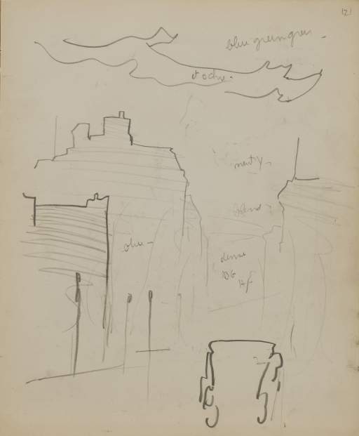 Untitled (sketch of buildings, street, and car)