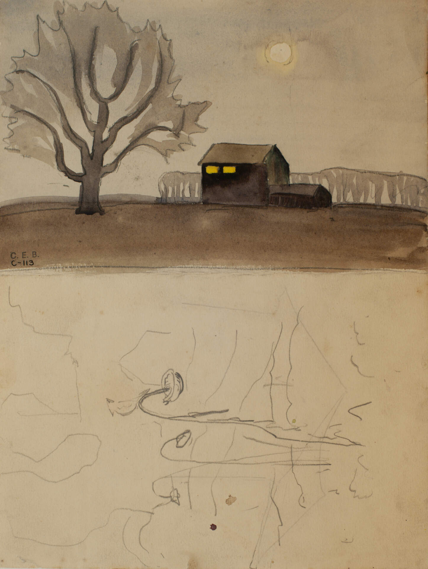 Little House under Full Moon with Sketch Attached