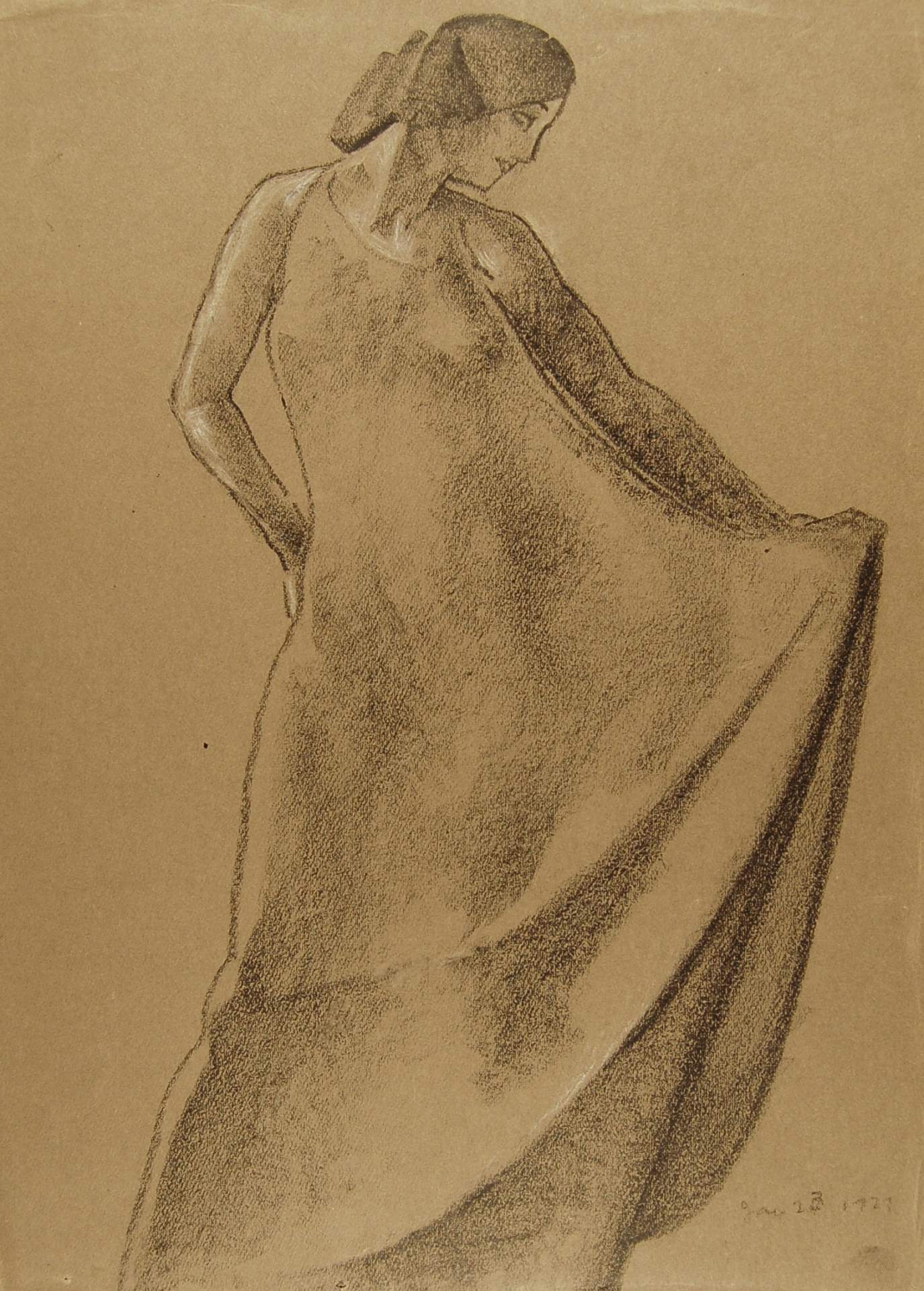 Female Standing Holding Dress in Left Hand