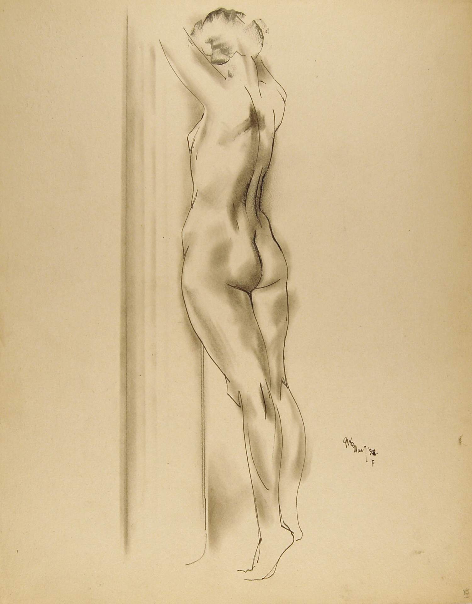 Backview Female Nude, Face Against Post