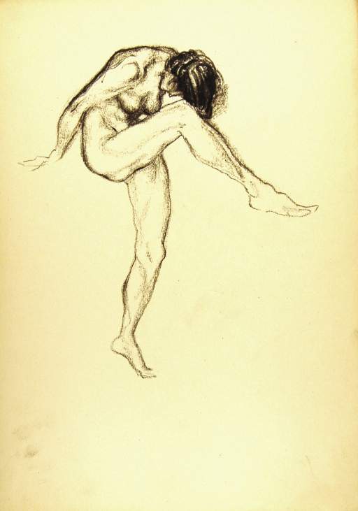 Female Nude Standing, Right Leg Up, Head Bowed to Right Knee