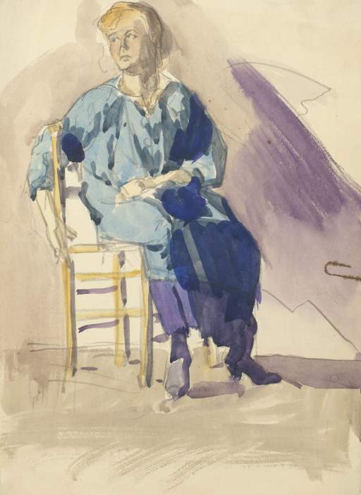 Untitled (woman wearing a blue smock sitting in a chair)