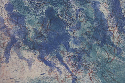 Untitled (figures in blue, aqua, pink, red line)