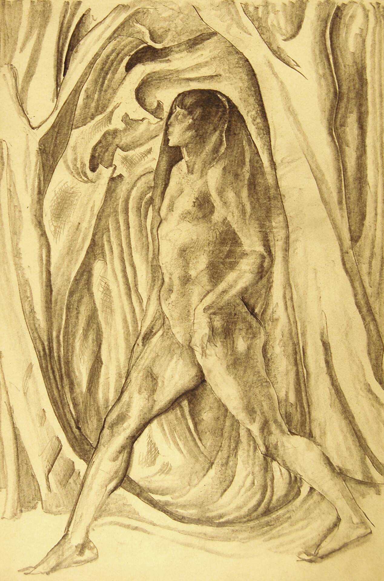 Striding Female Figure with Veil, in Forest