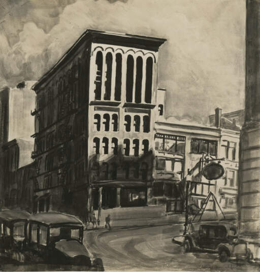 Building In August (Street Scene Sun and Shadow) [b&w image]