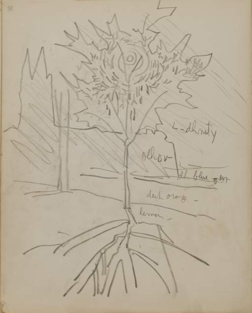 Untitled (sketch of tree with building and radiating sun)