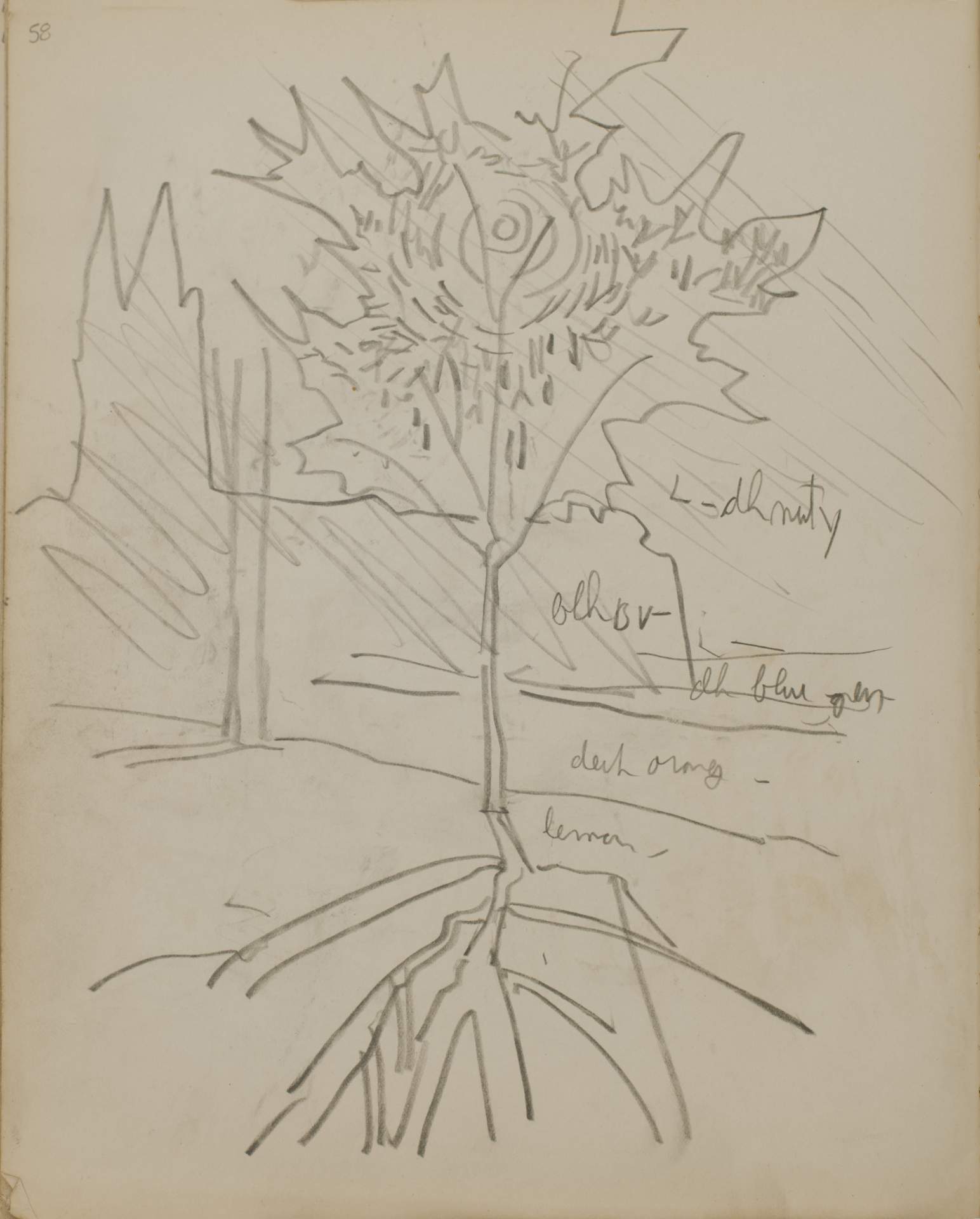 Untitled (sketch of tree with building and radiating sun)