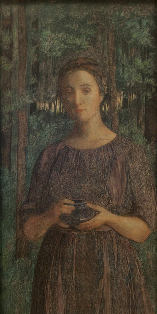 Untitled [Portrait of a woman in the woods holding a vessel]