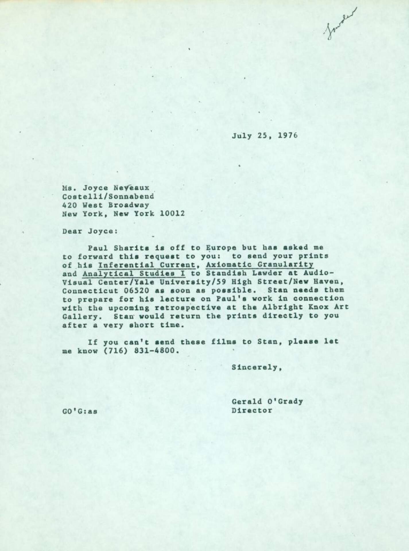 Untitled (Letter from Gerald O'Grady to Joyce Neveaux)