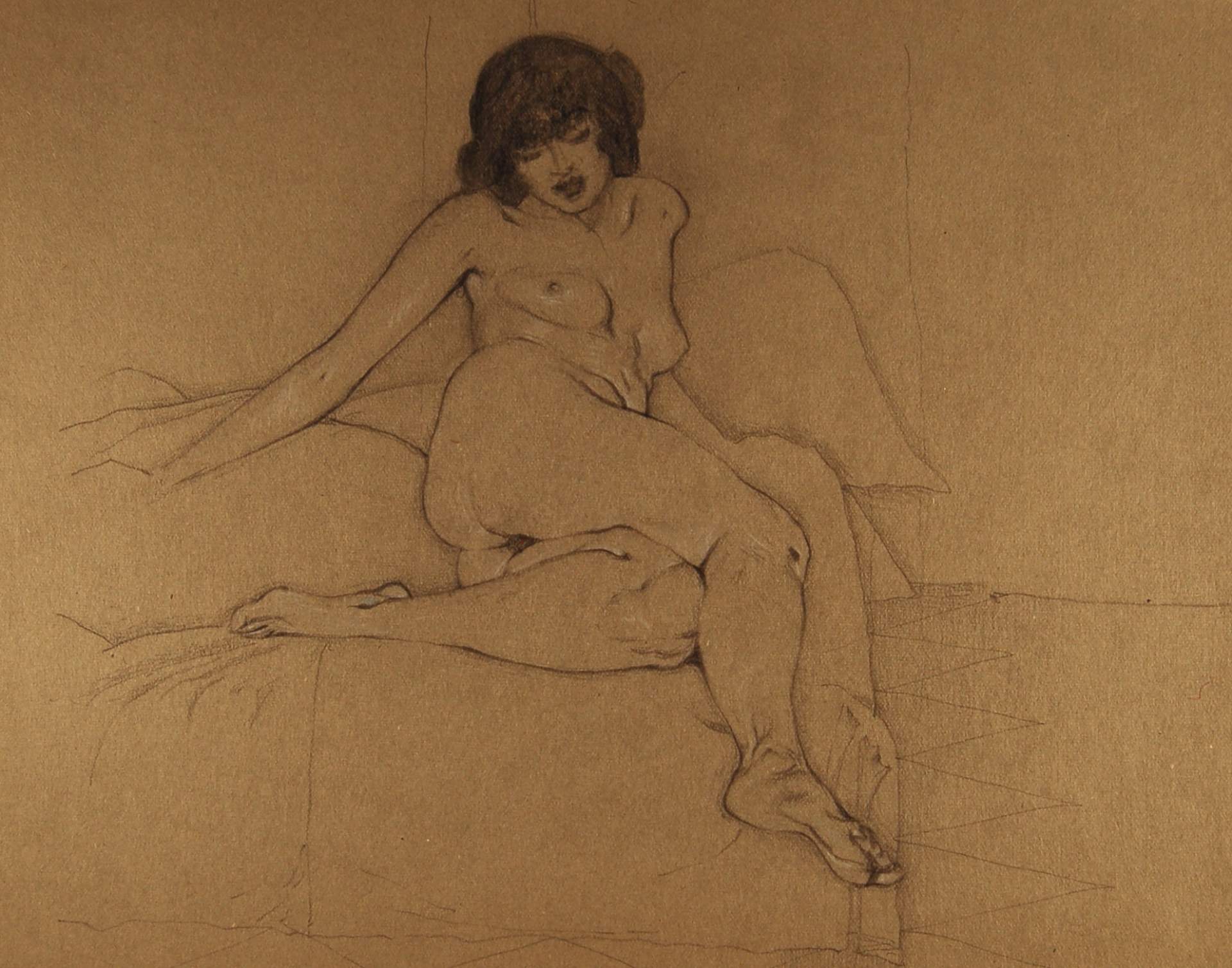 Seated Female Nude on Bed