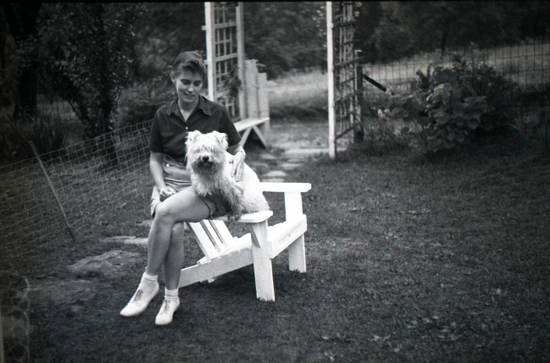 Untitled photographic negative (Virginia sitting on lawn chair with dog)