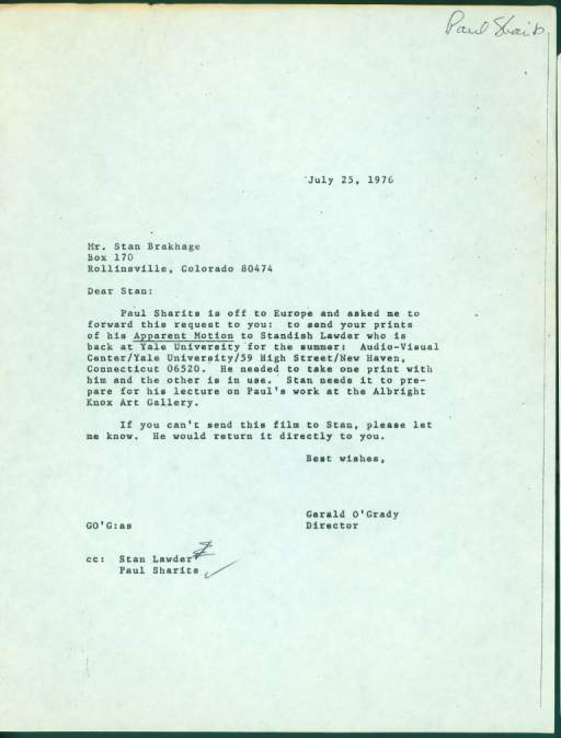 Untitled (Letter from Gerald O'Grady to Stan Brakhage)