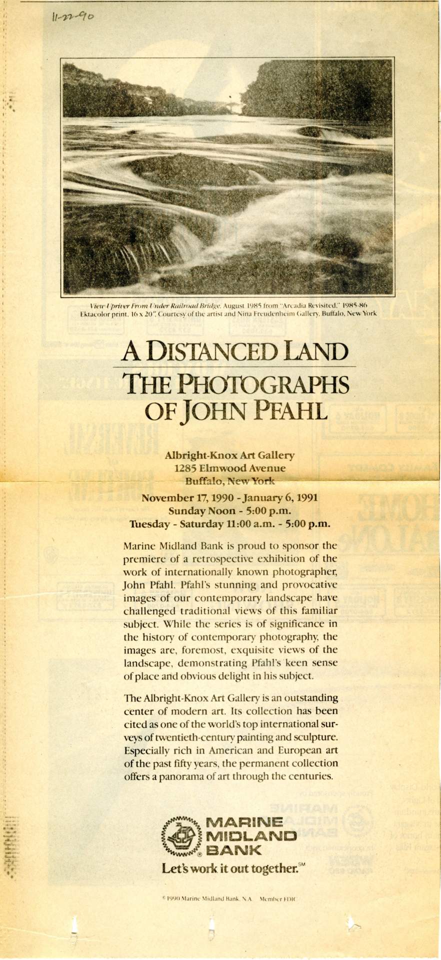 [Print ad for John Pfahl Exhibition at the Albright Knox]