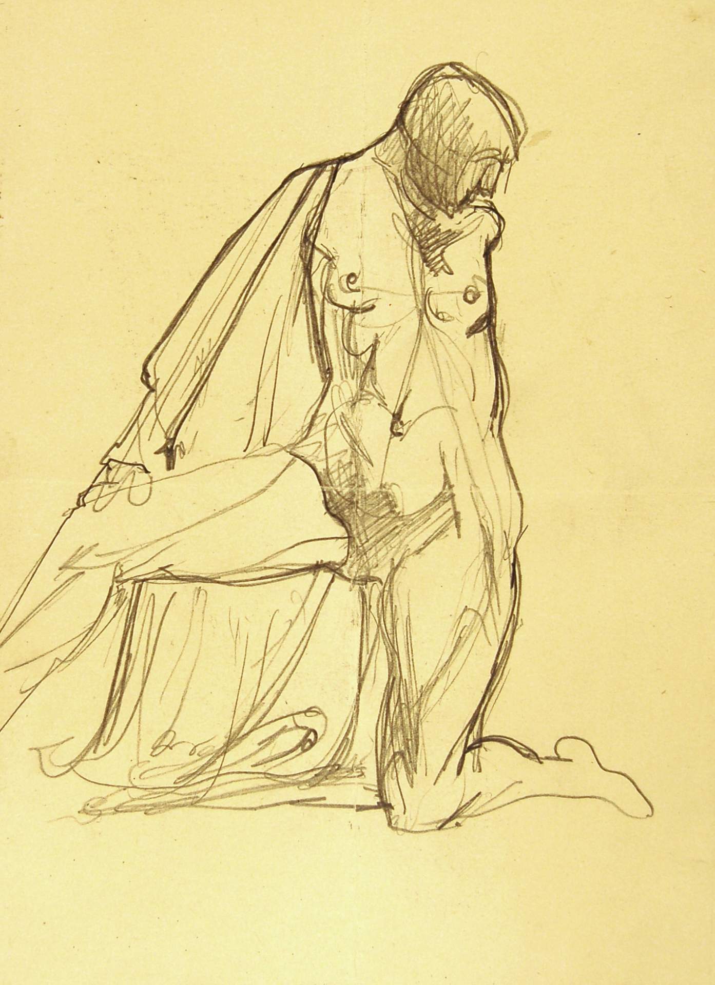 Female Nude Kneeling on Left Leg, Cape Over Shoulder