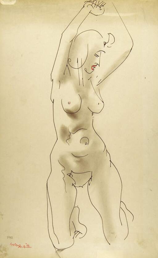 Kneeling Female Nude, Hands and Arms Overhead