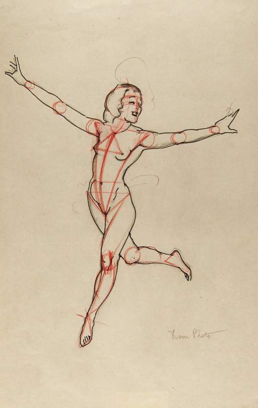 Dancing Female Nude with Red Lines or Marks