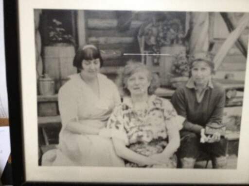 Left to right: Mabel Dodge Luhan, Frieda Lawrence, Lady Dorothy Brett at Mrs. Lawrence’s porch, Kiowa Ranch, San Cristobal, New Mexico, 1938