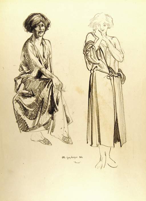 Two Females in Night Robes, Seated and Standing