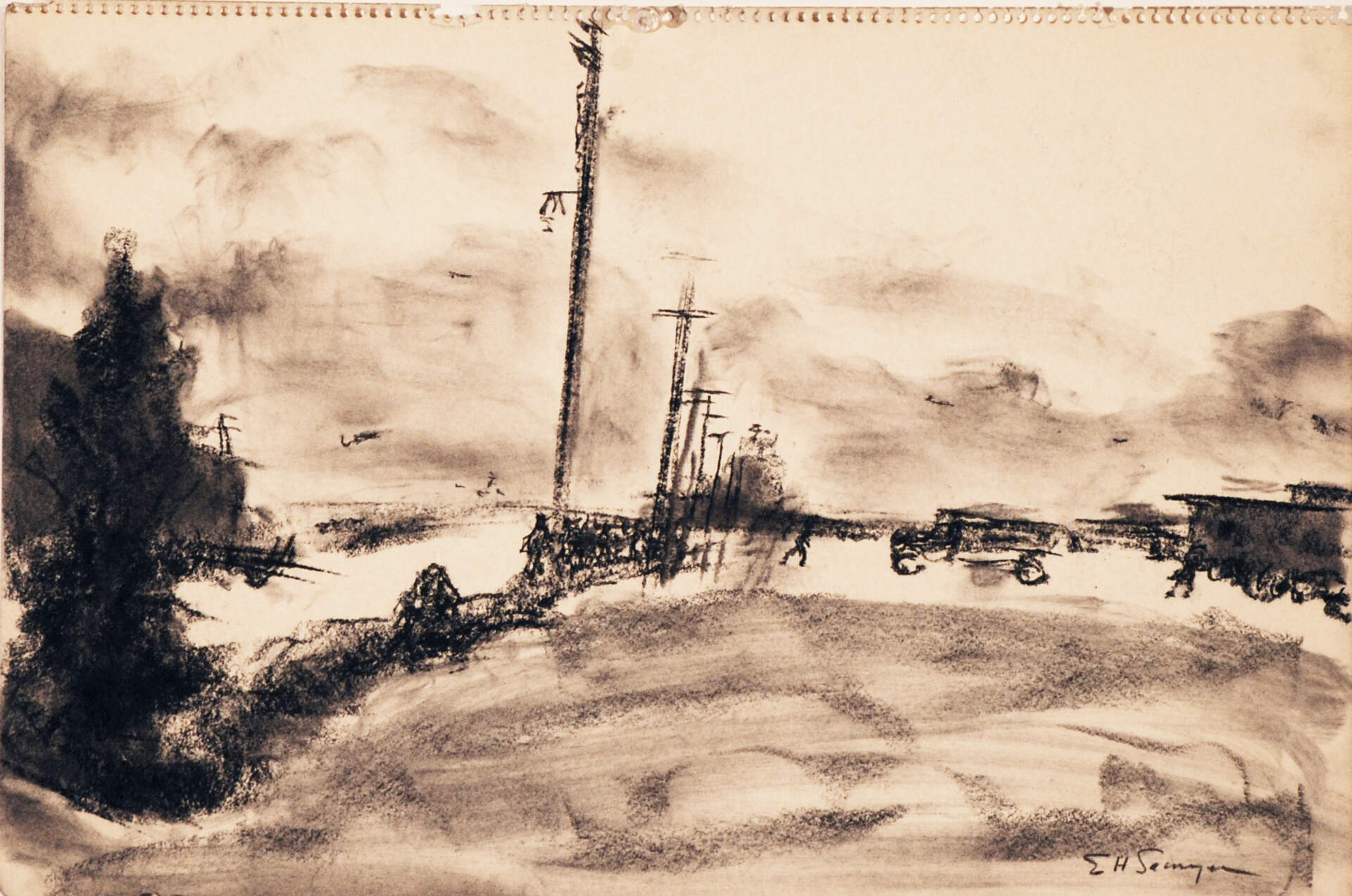 Untitled [landscape with trucks and telephone poles]