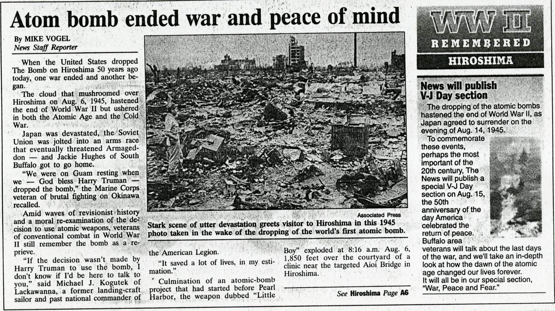 Newspaper Article: "Atom Bomb Ended War and Peace of Mind"