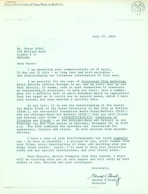 Untitled (Letter from Gerlad O'Grady to Peter Gidal)