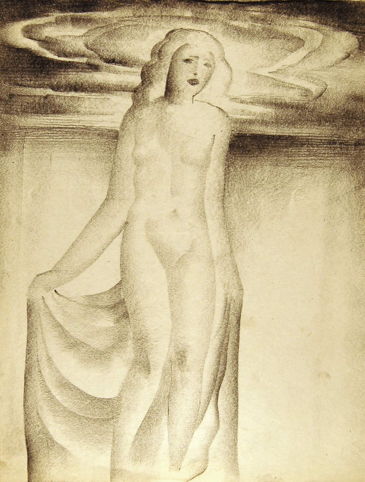 Standing Female Nude, Background of Clouds