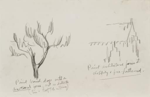 Untitled study with notation, "Paint branch haze with a directional force, not as hitherto (See - Untitled Roof Top in Spring)