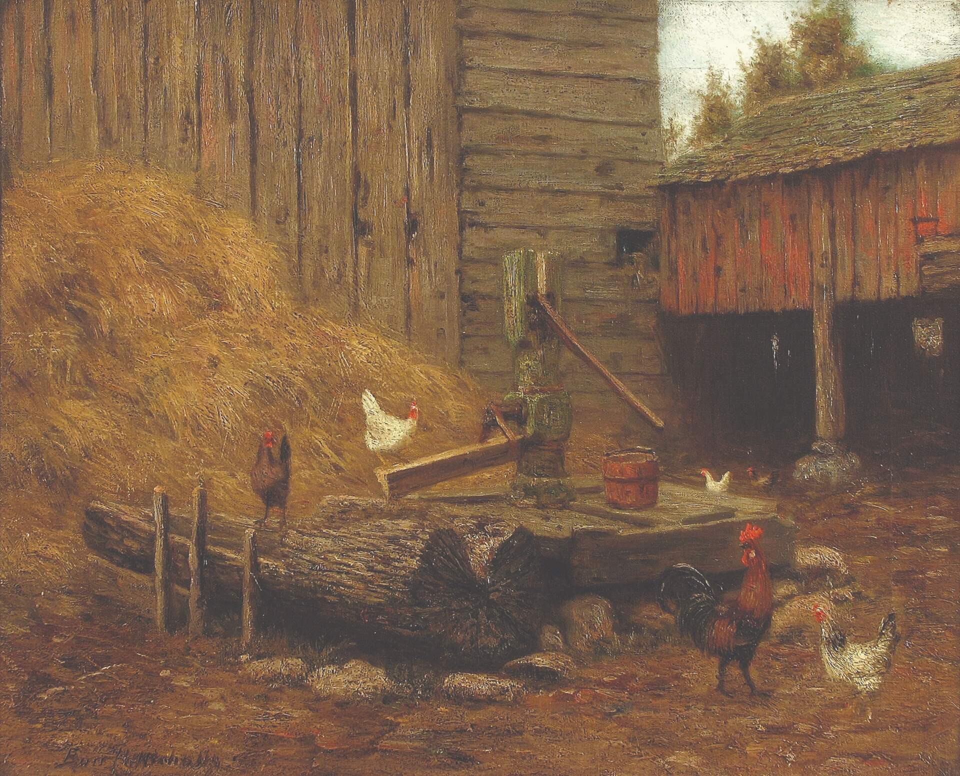 Untitled (Farmyard with Chickens, Pump & Trought