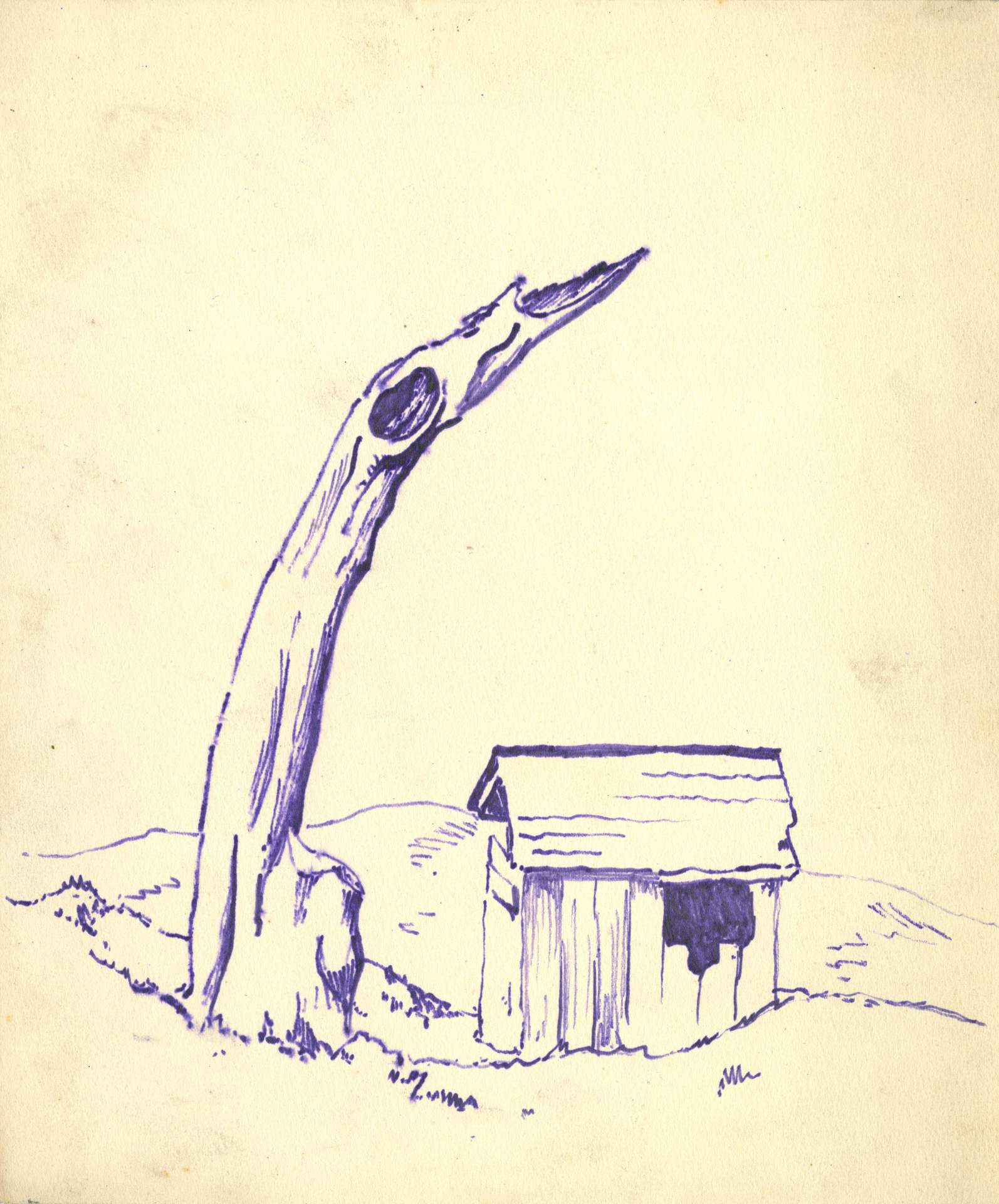Untitled (Tilting tree and shed)