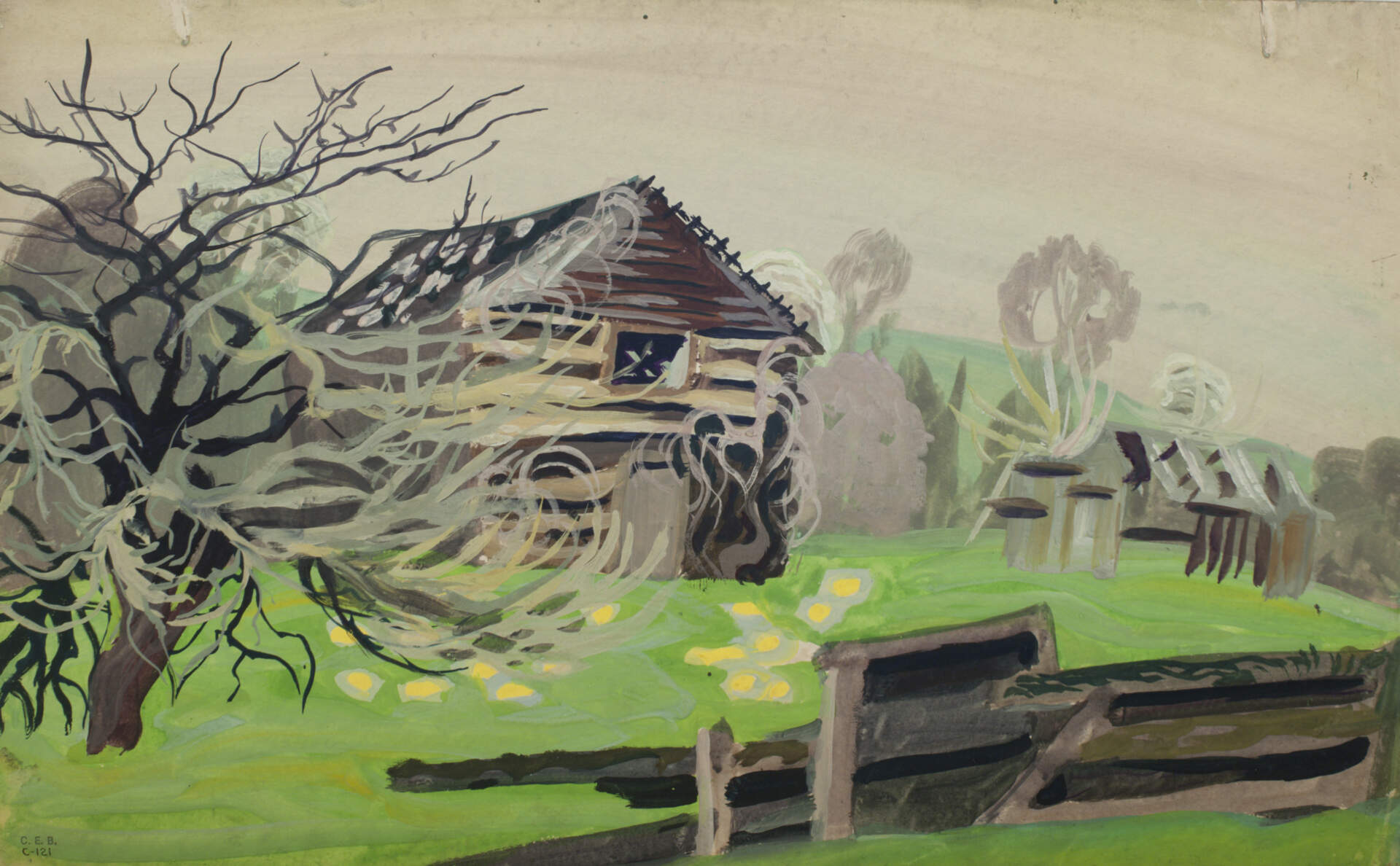 Dilapidated Barn with Tree