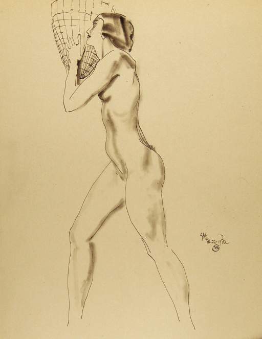 Striding Female Nude with Basket on Right Shoulder