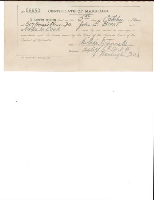 Certificate of Marriage for John E. Brent and Neeton E. Cook, with Envelope
