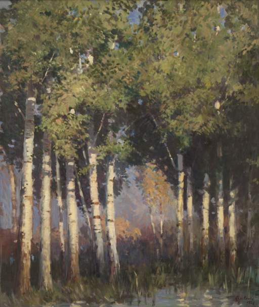 Untitled [Tonalist landscape with sunlit birches]