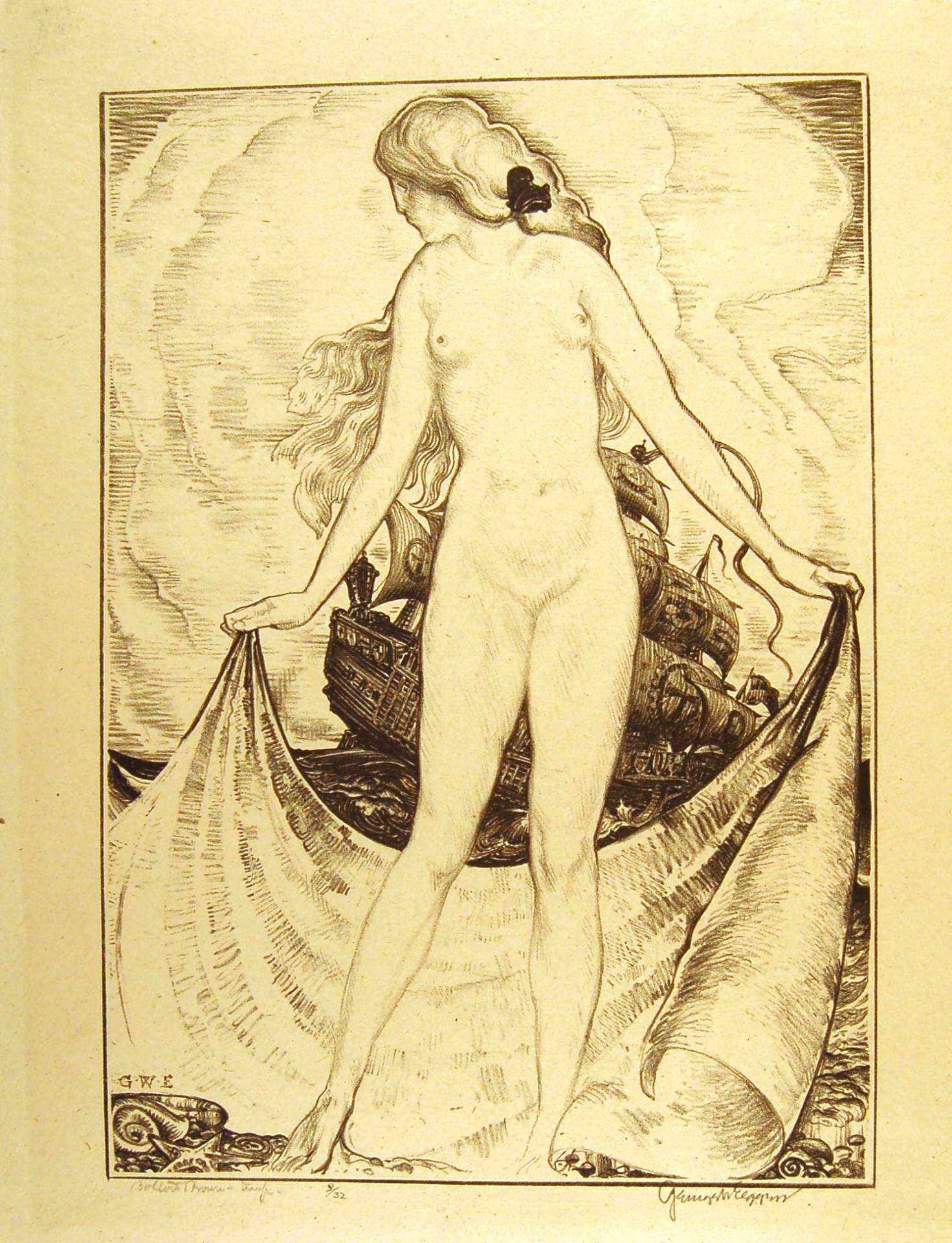 Female Nude with Sea and Ship Backgroud