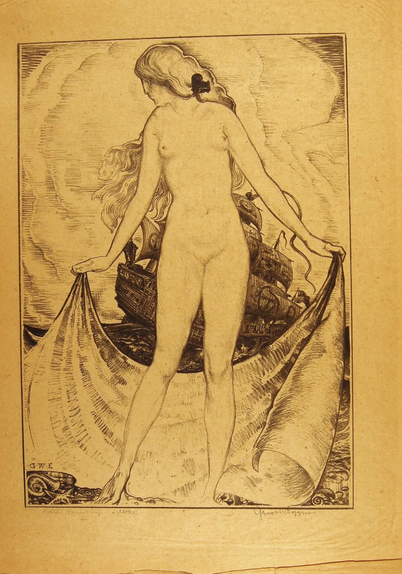 Female Nude with Sea and Ship Backgroud
