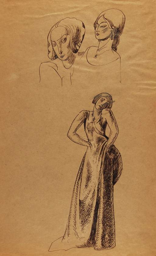 Standing Female with Sketches of Two Heads on Top