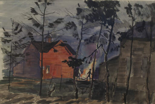Red Barn with Autumn Fire