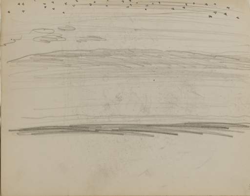 Untitled (sketch of landscape with birds in the sky)