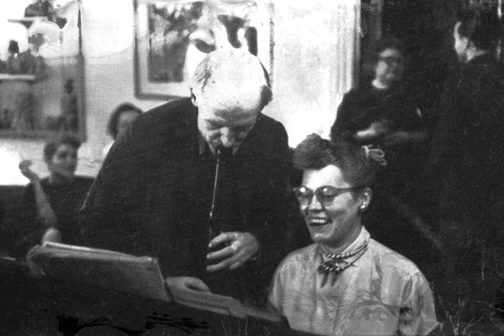 Untitled photographic negative (Virginia and unidentified musician performing together)