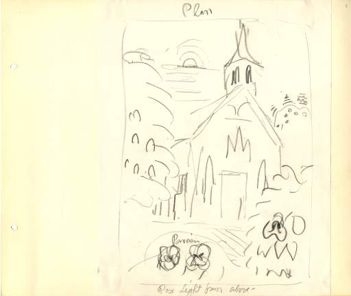 Plan/study of church with sun and pansies