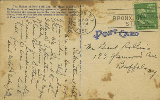 “Skyline, New York City” Postcard of postmarked