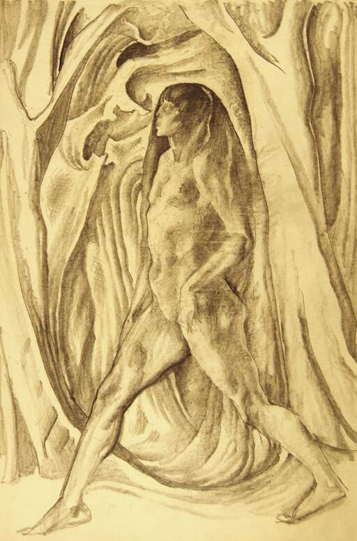 Striding Female Figure with Veil, in Forest