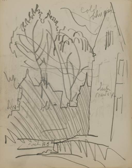 Untitled (sketch of buildings and trees)