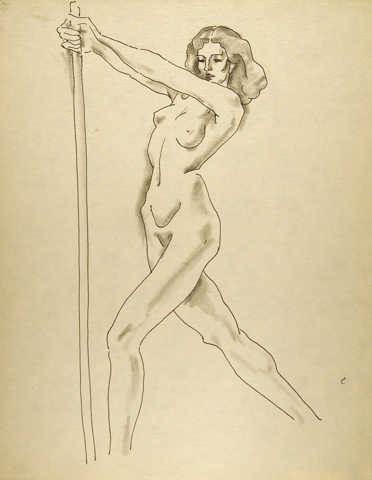 Striding Female Nude with Pole
