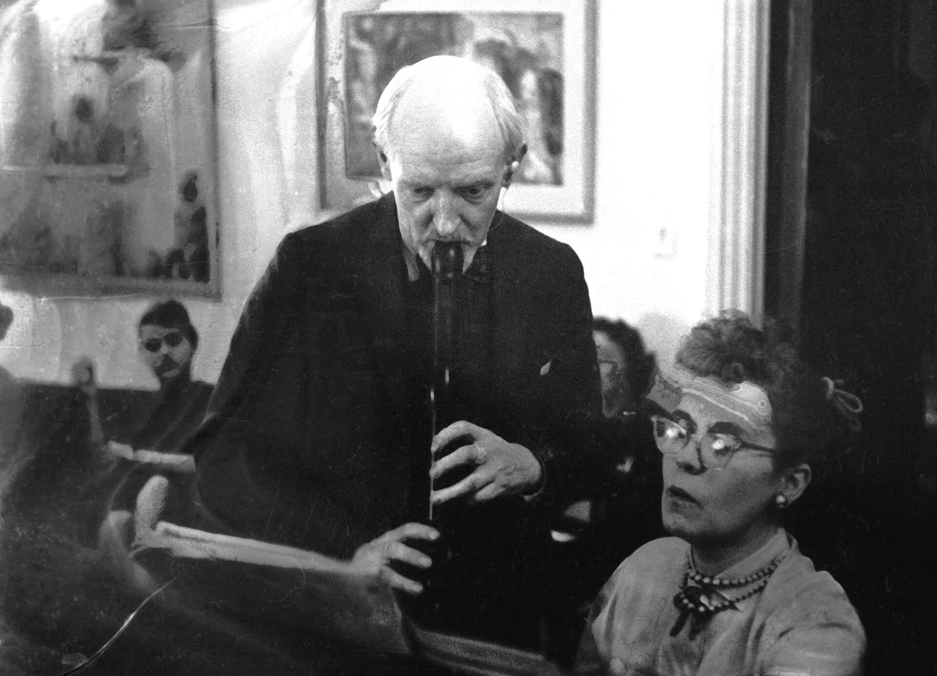 Untitled photographic negative (Virginia and unidentified musician performing together)