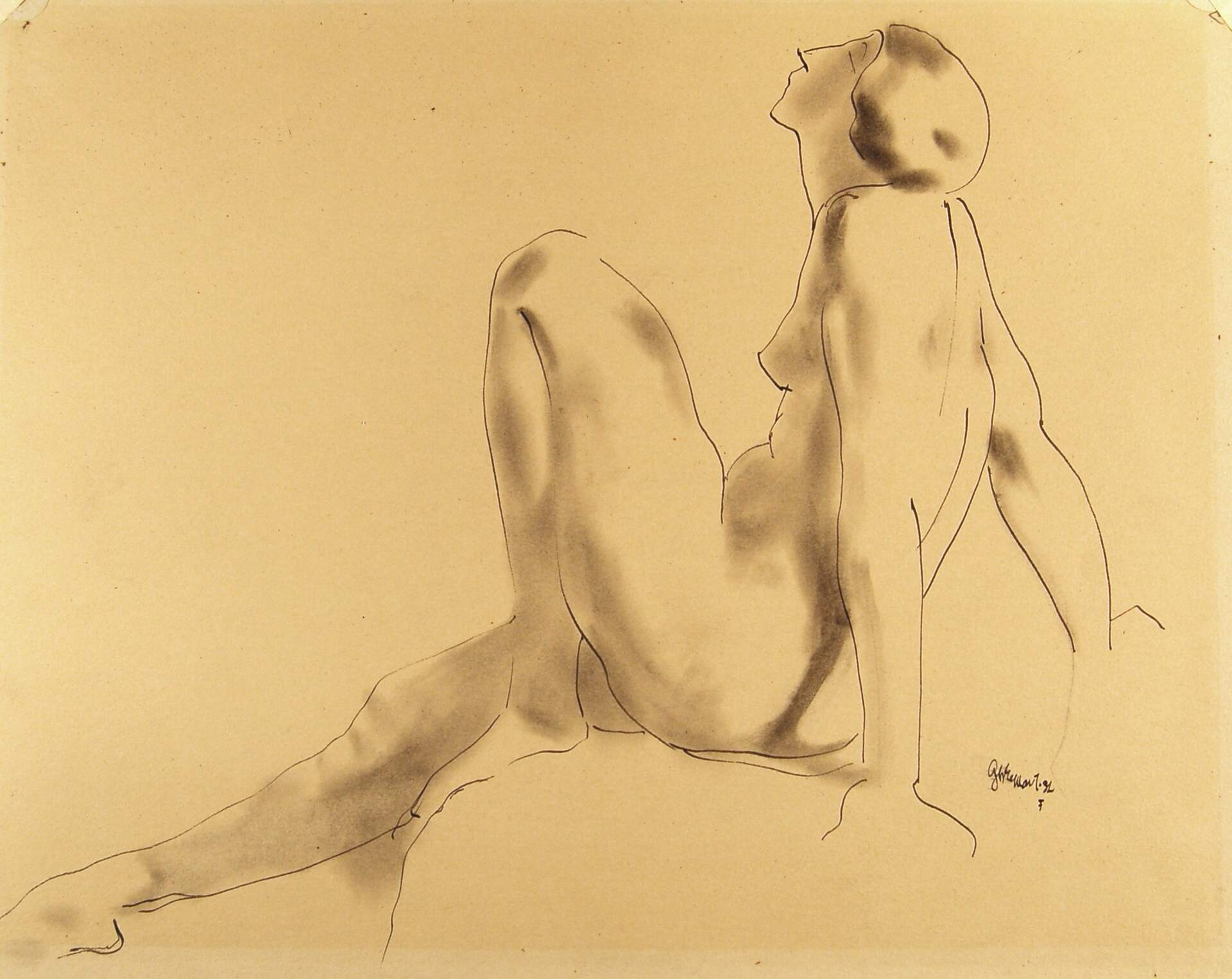 Seated Female Nude, Profile, Arms Braced Back, Right Leg Extended Forward