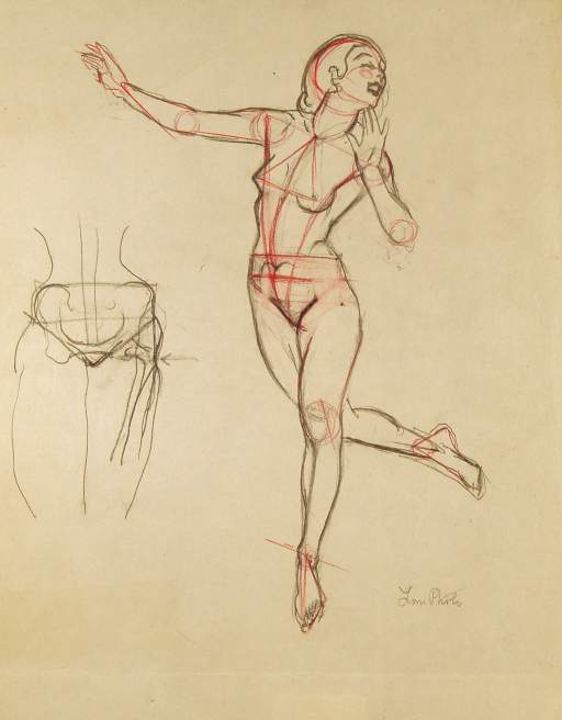 Drawign of Female Nude with Linear Studies in Red Sketch Study of Pelvic Bones