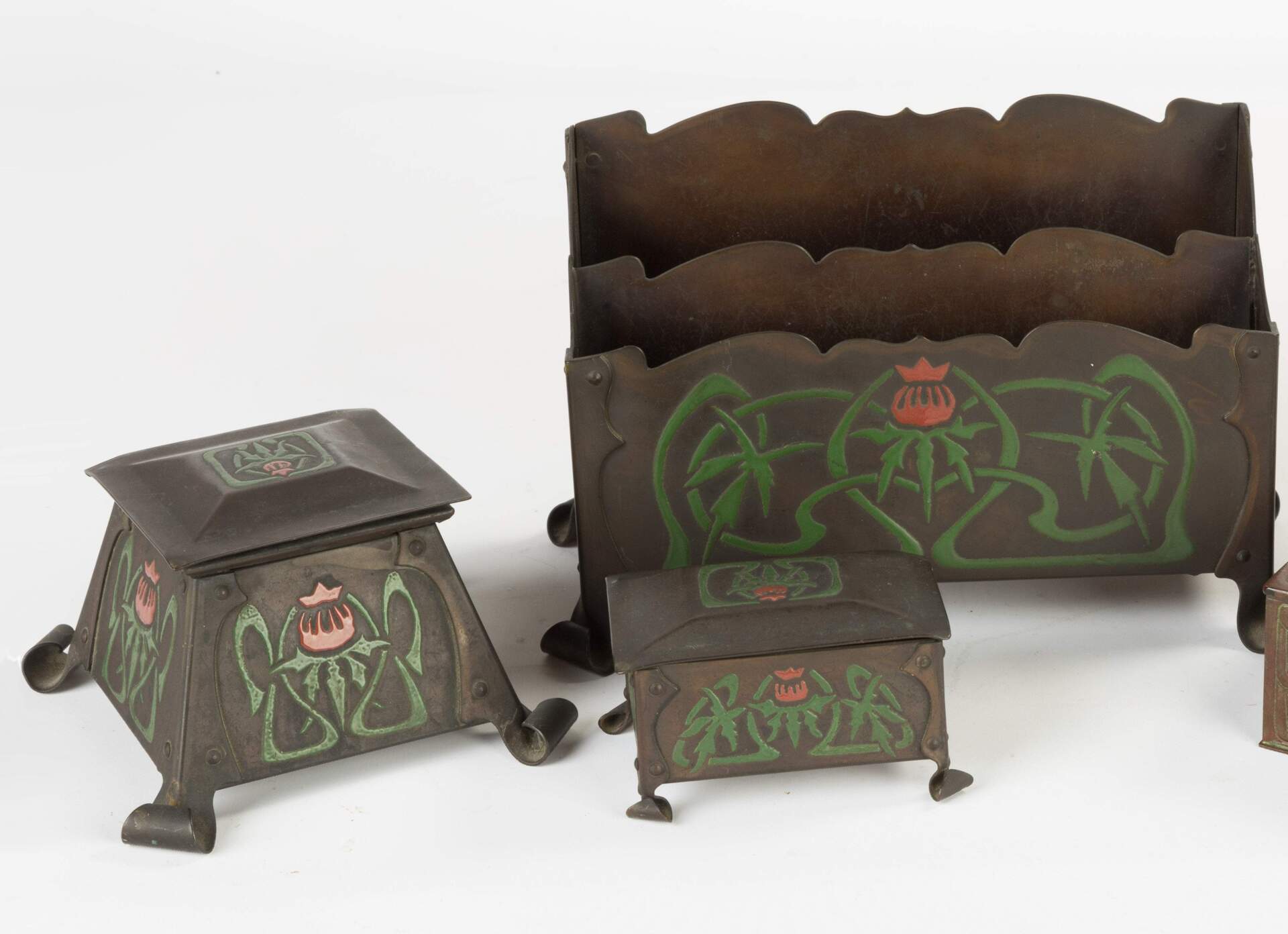 Desk set of inkwell, stamp box and letter holder