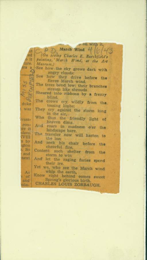 Untitled Journal 45 (newspaper clipping of a poem “March Wind” by Charles Louis Zorbagh)